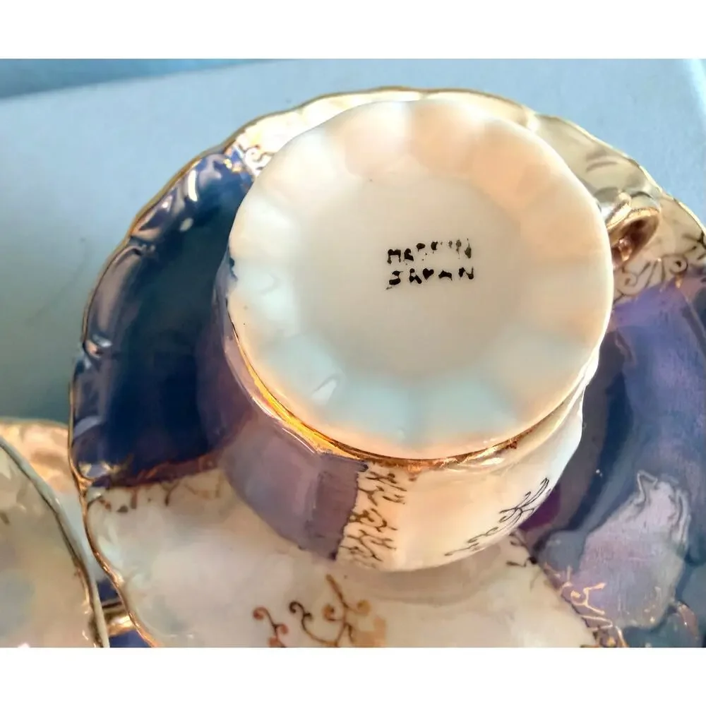 Set 4 Vintage Japan Lusterware Fragonard Demitasse Cups Saucers Purple Gold